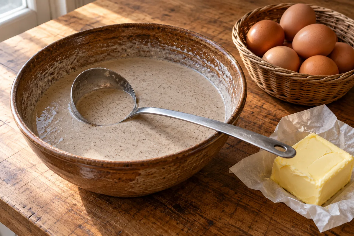 Saladier de pâte à galette de sarrasin préparée avant une soirée d’entreprise