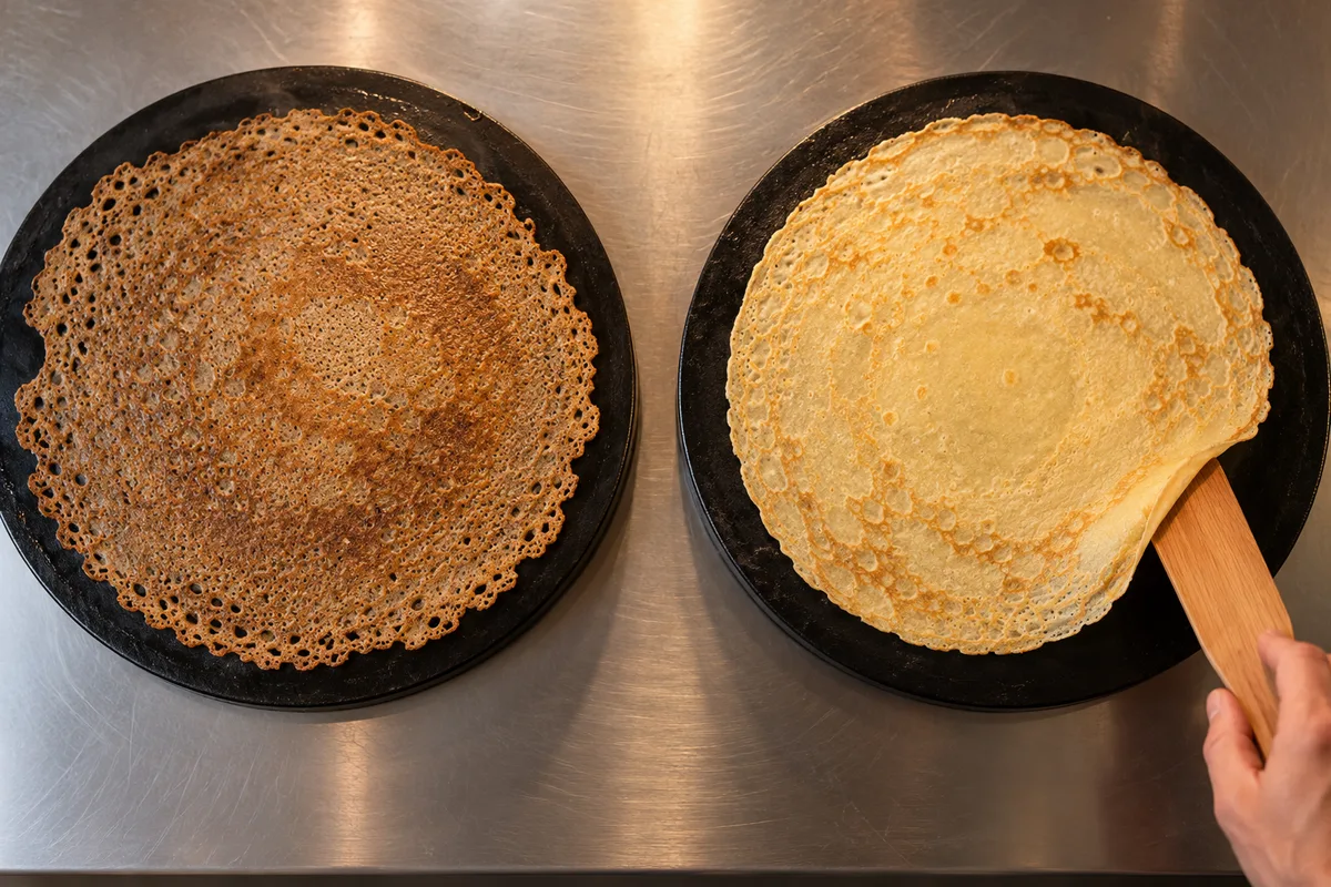Deux plaques en fonte côte à côte, galette de sarrasin et crêpe de froment en cuisson