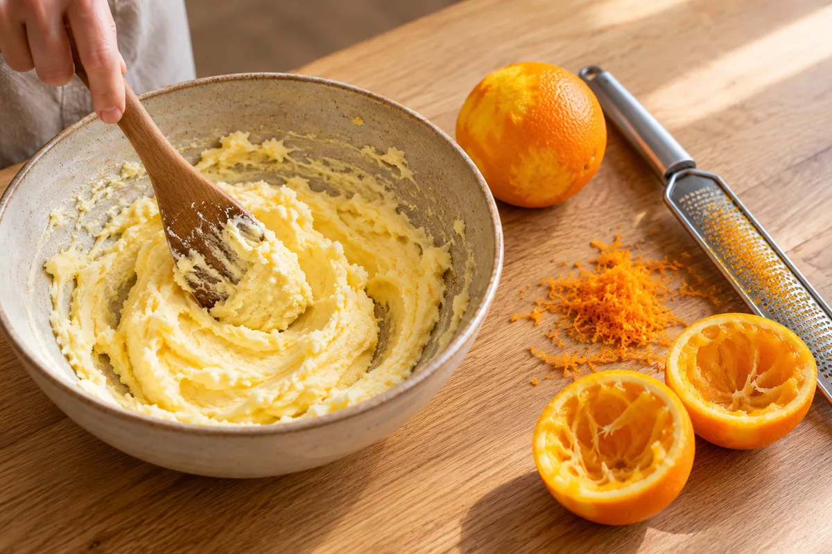Beurre ramolli, sucre et zeste d&rsquo;orange travaillés à la spatule pour le beurre Suzette