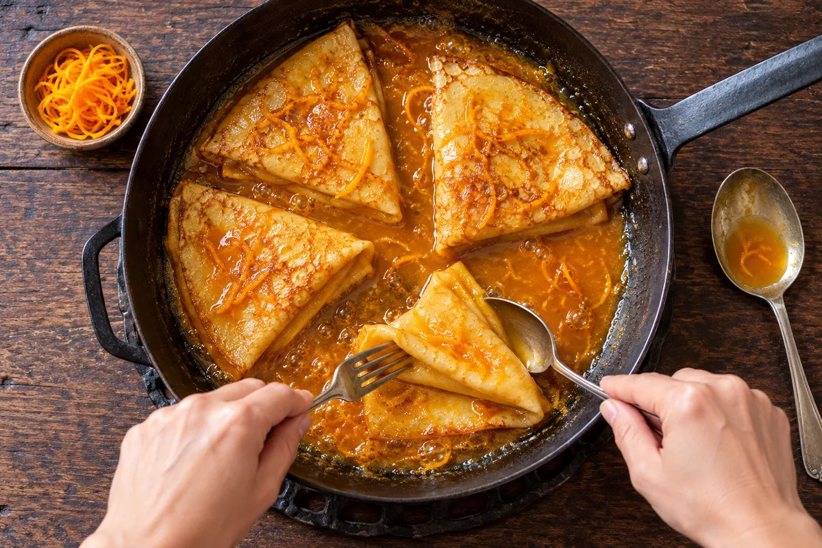 Crêpe pliée en quatre à la fourchette dans une poêle nappée de sauce à l&rsquo;orange