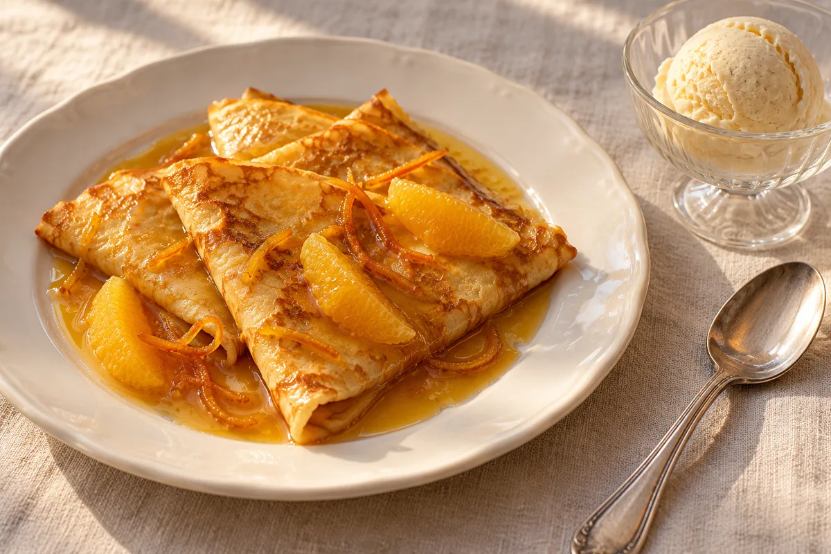Crêpes Suzette pliées en éventail sur une assiette avec suprêmes d&rsquo;orange et glace vanille
