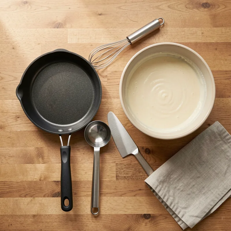 Poêle antiadhésive, fouet, louche et saladier de pâte à crêpes sur un plan de travail