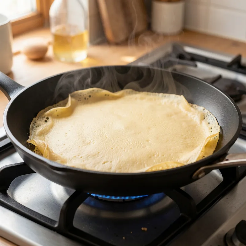 Crêpe fine en cours de cuisson dans une poêle, bords légèrement dorés qui se décollent