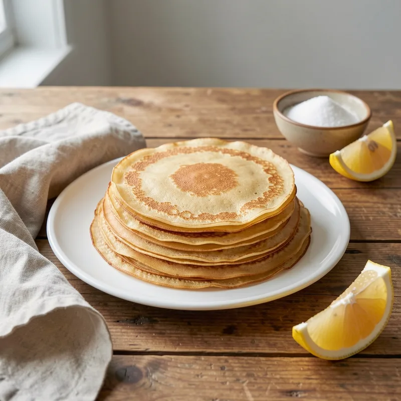 Pile de crêpes dorées sur une assiette blanche avec un torchon en lin