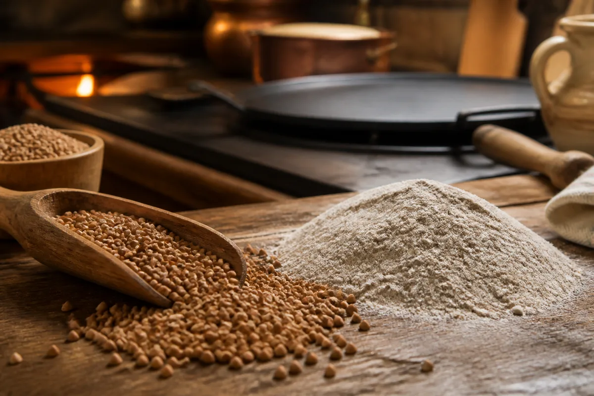Grains de sarrasin et farine de blé noir posés sur une table en bois