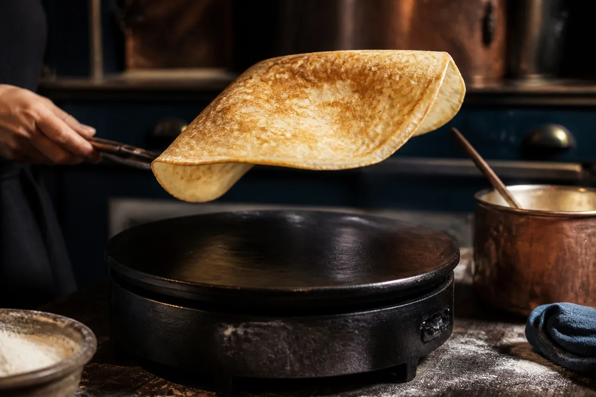Crêpe de froment dorée sautée à la poêle lors de la Chandeleur