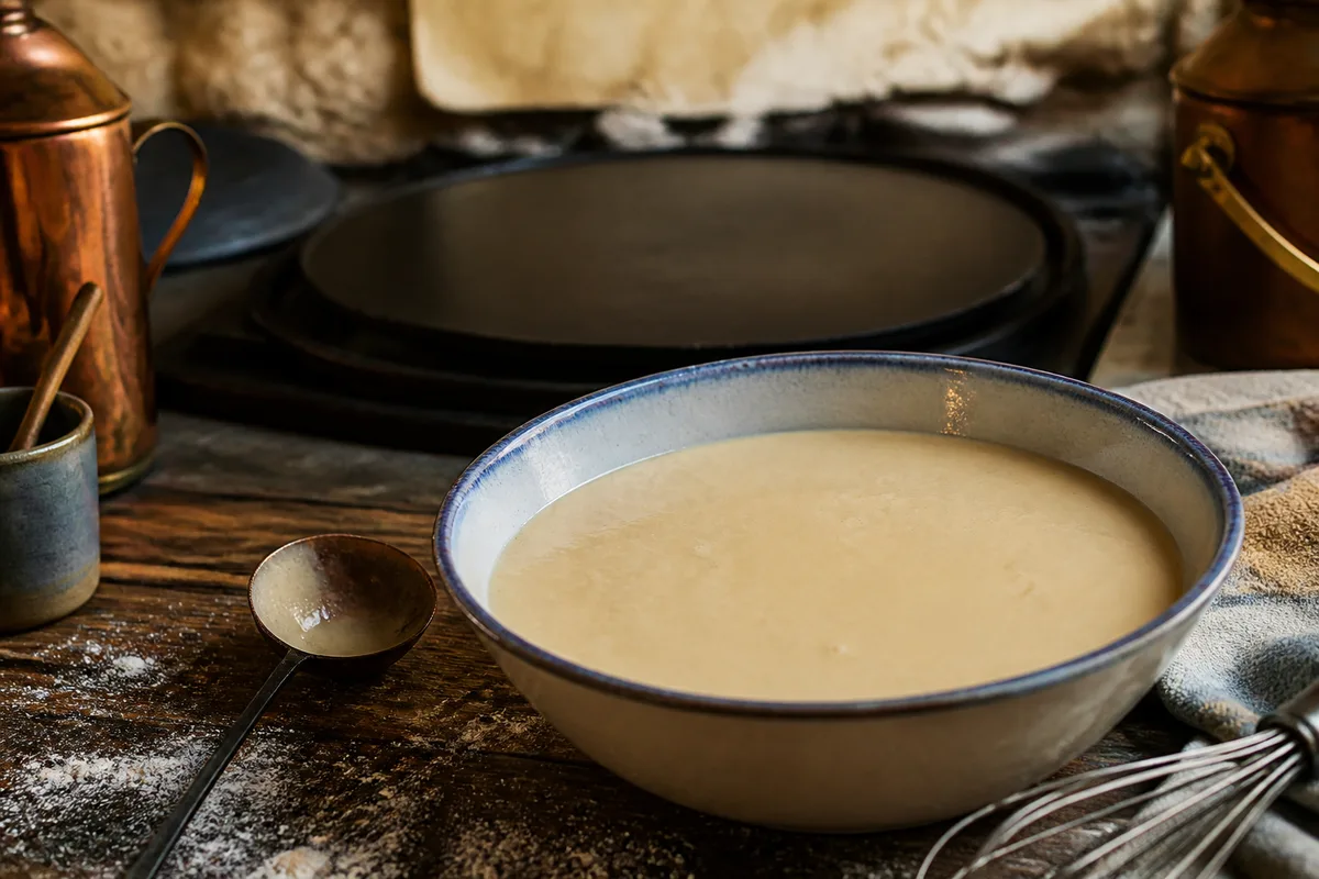 Bol de pâte à crêpes lisse en cours de repos sur un plan de travail