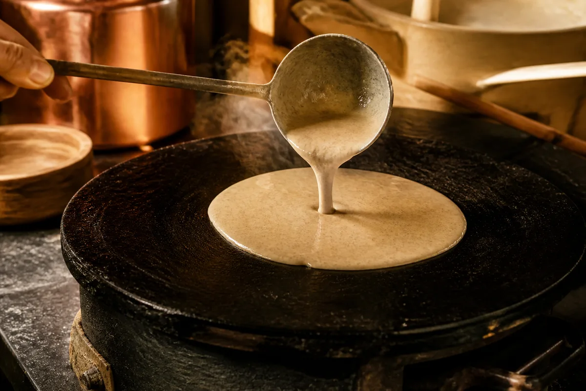 Pâte à galettes de blé noir versée à la louche sur une plaque chaude
