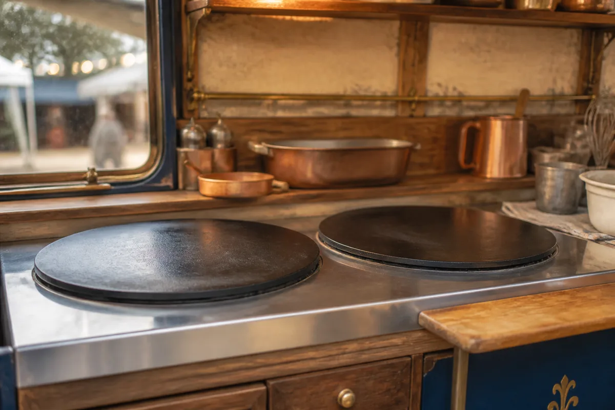 Intérieur d&rsquo;un camion à crêpes avec deux plaques de cuisson et plan de travail inox