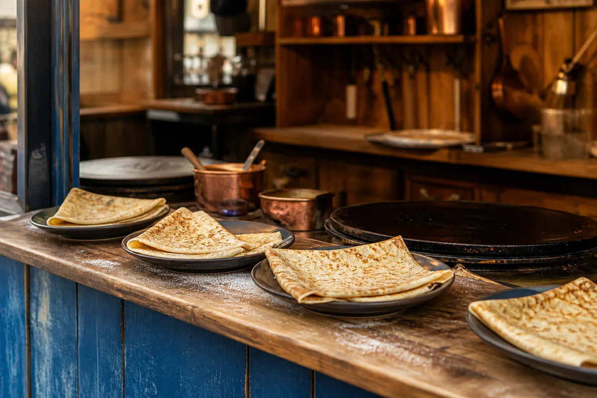 Comptoir extérieur d&rsquo;un food truck crêperie avec crêpes pliées prêtes à servir