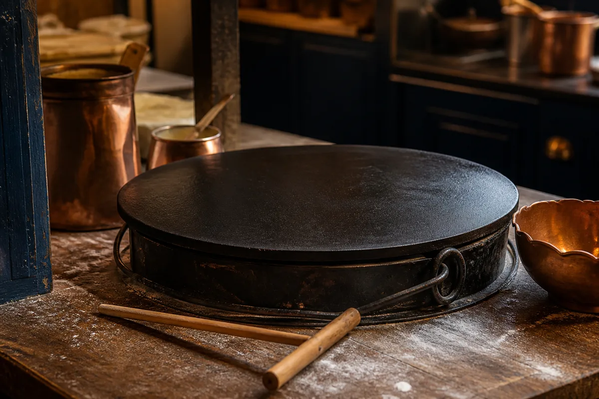 Plaque de cuisson et râteau à crêpes prêts pour un repas de galettes