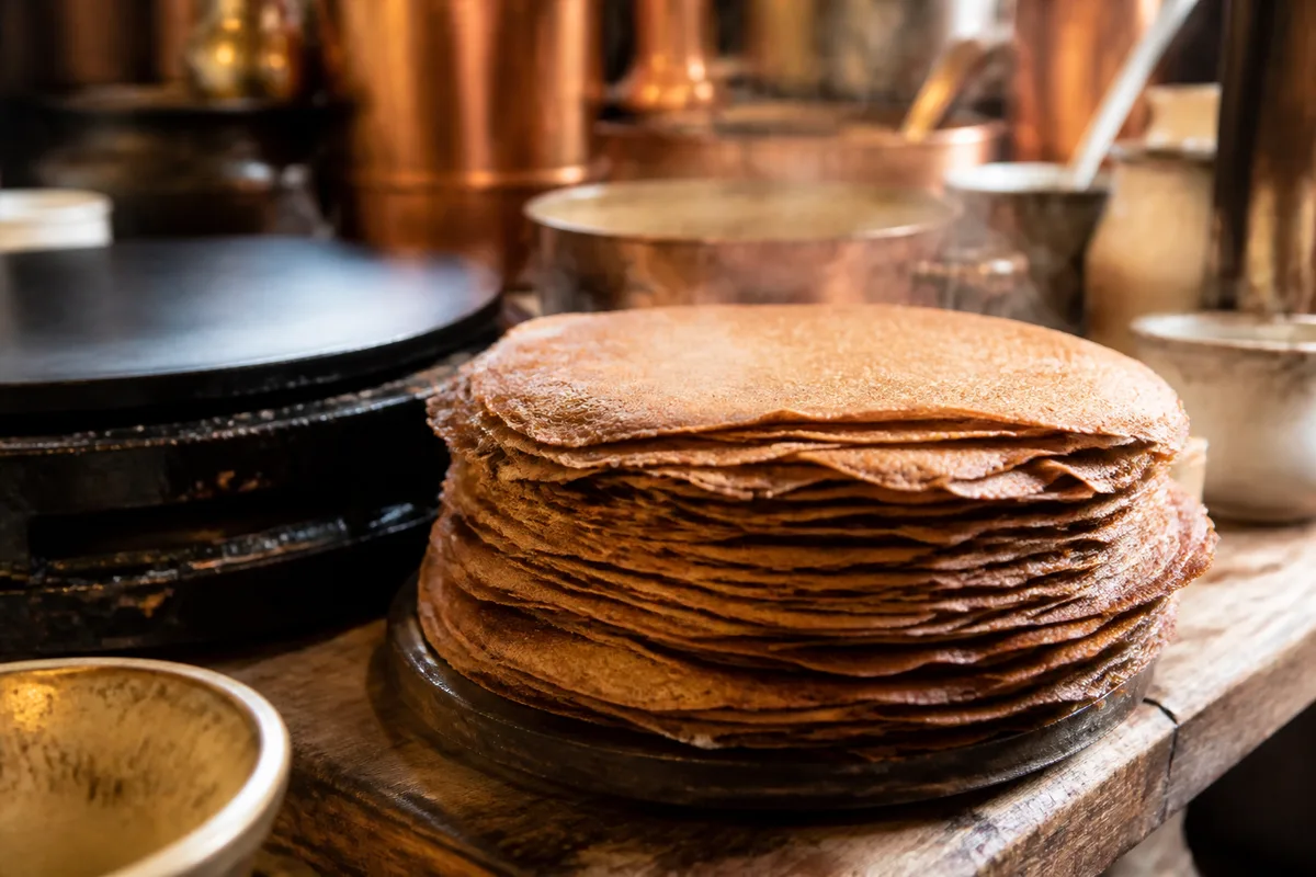 Galettes de blé noir empilées et maintenues au chaud pendant le service