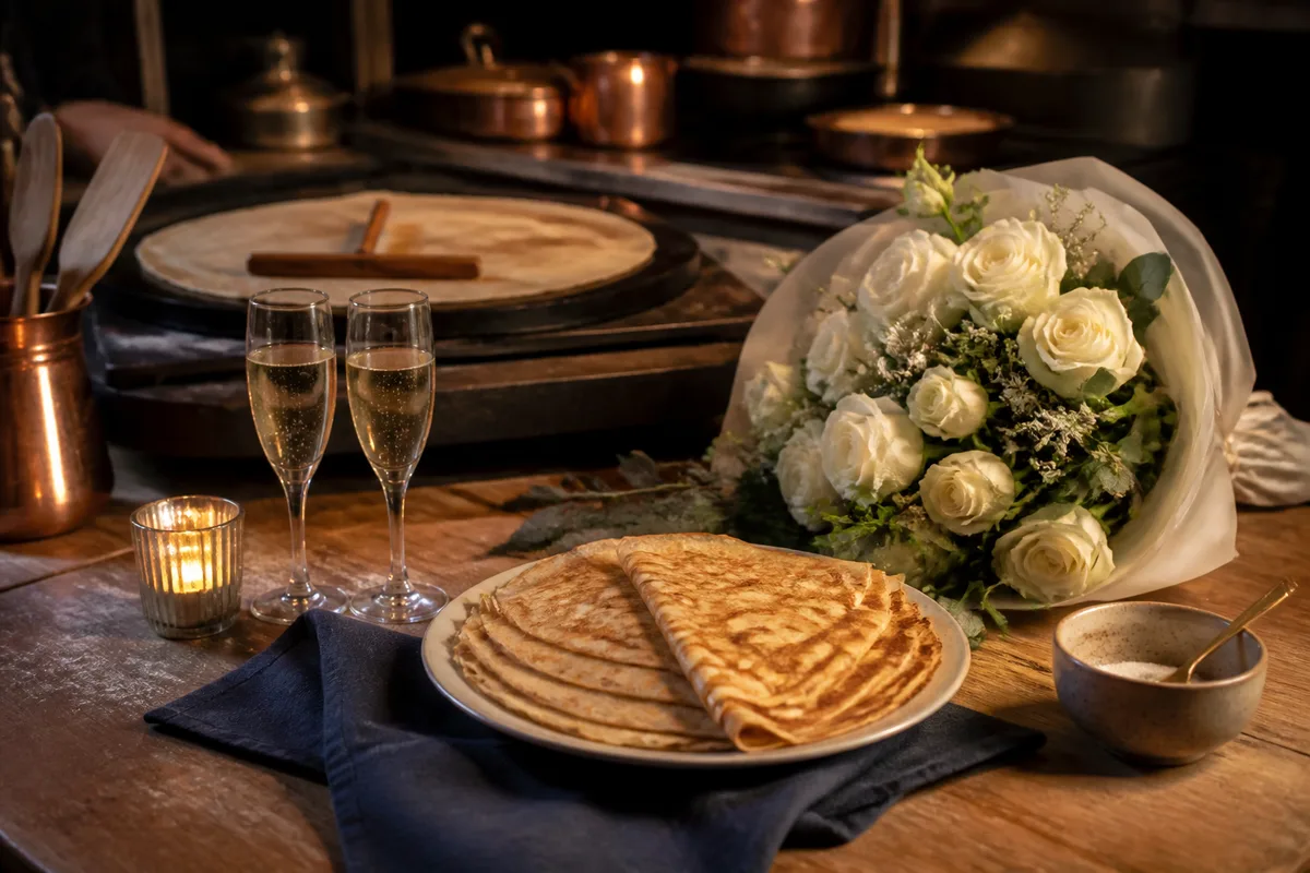 Table dressée pour un treizième anniversaire de mariage avec assiette de crêpes et bouquet