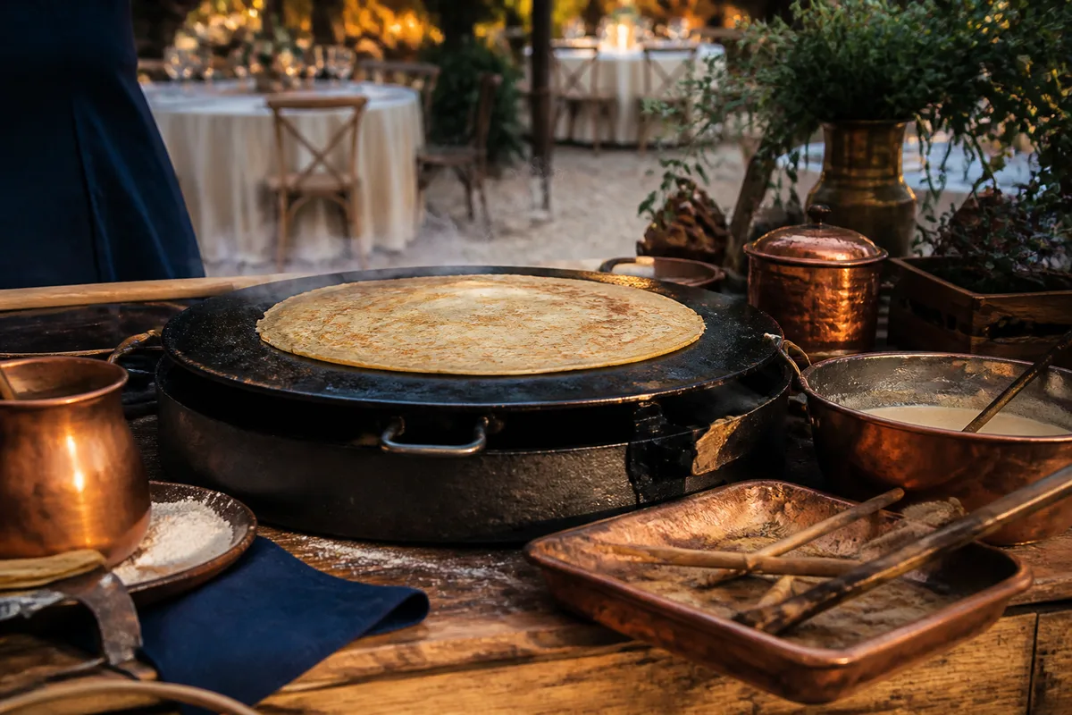 Poste de cuisson de crêpes installé lors d&rsquo;une réception en extérieur